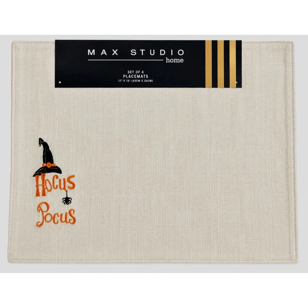Max Studio Halloween Placemats Set of 4 Hocus Pocus Witch Hat Silver Metallic